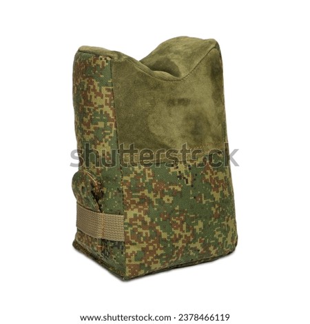 Grasping front support bag for firearm stability. Camouflage pattern.