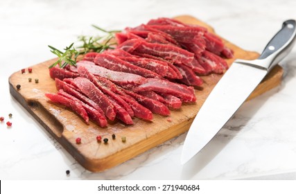 Grass Fed Flank Steak Sliced to Make Beef Jerky