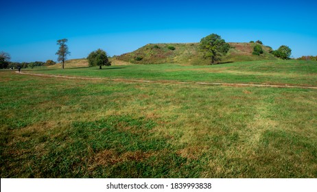 Grass Field With Walking Path Leading To Monk's Mound At Cahokia The Largest Pre-columbian City North Of Mexico Located In Southern Illinois Near Saint Louis