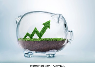 Grass growing in the shape of an arrow graph, inside a transparent piggy bank, symbolising the care, dedication and investment needed for progress, success and profit in business.