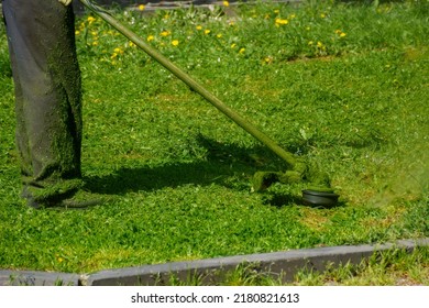 Grass Maintenance In The Park. Cutting Weeds On A Sunny Day. Professional Lawn Care Service