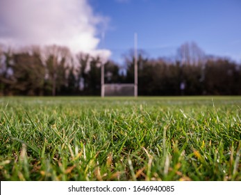 Grass on a pitch in focus, Irish national sport goalpost out of focus in the background. Concept football, rugby, hurling and camogie training.