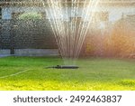 Grass swing sprinkler watering the lawn in the backyard of a house.