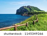 Grassfields and fencewith view over ocean and volcano crater Ilchulbong in the background, Seongsan, Jeju Island, South Korea