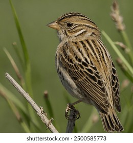 The Grasshopper Sparrow is a small, elusive songbird known for its subtle, insect-like trill, which resembles the sound of a grasshopper. It has a stocky build, a flat head, and a short tail. Its plum - Powered by Shutterstock