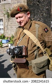 Grassington, Yorkshire, England, Britain, Sep 19th 2015. Man dressed in costume as a war photographer  for a 1940s Nostalgia event.