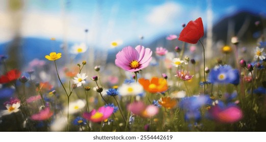 Grassland Background with Colorful Wildflowers Under a Blue Sky Some types of flowers that are clearly visible are "red poppies", flowers "pink cosmos", and flowers "yellow buttercups". - Powered by Shutterstock