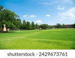 Grassy campus quad courtyard with several historic buildings in background, large meadow front yard college green space under sunny summer cloud blue sky in Texas, education, landscaping concept. USA