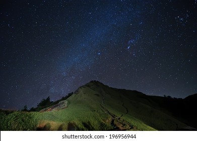 A Grassy Hill Under A Starry Night Sky.