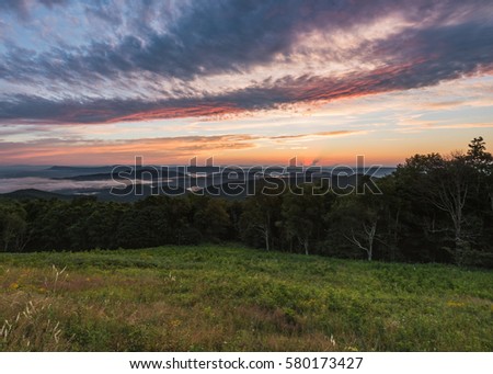 Grassy Mountain Field Overlooking Foggy valley at Sunset in Shenandoah