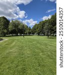 Grassy Park with Clouds and Trees
