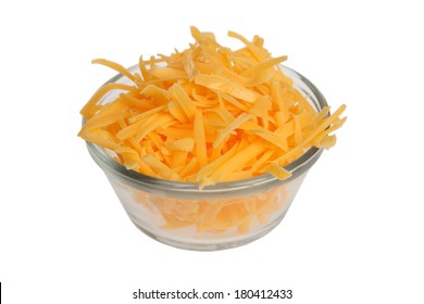 Grated Cheddar Cheese In Bowl On White Background