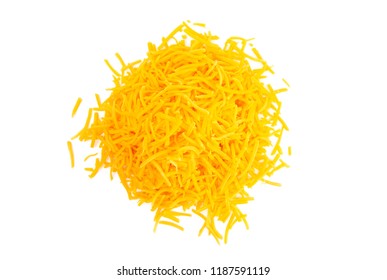 Grated Cheddar Cheese On A White Background  