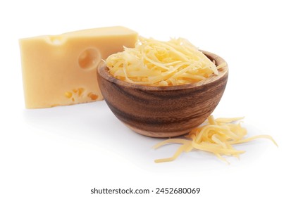 Grated cheese in bowl and piece of one isolated on white - Powered by Shutterstock