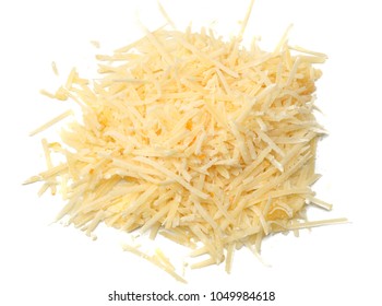 Grated Cheese Isolated On White Background. Top View