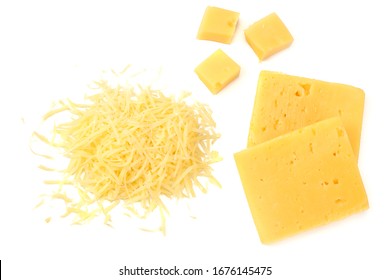 Grated Cheese Isolated On White Background. Top View