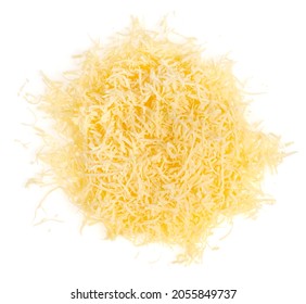 Grated Cheese Isolated White Background . Yellow Shredded  Cheese. Close Up Top View.