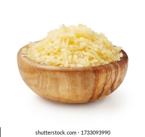 Grated cheese parmesan in wooden bowl isolated on white background. Top view of slices cheese. - Powered by Shutterstock