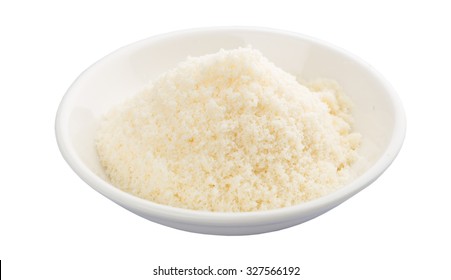 Grated Cheese In A White Bowl Over White Background