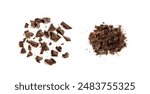 Grated Chocolate Isolated, Broken Crushed Chocolate Shavings, Crumbs Pile, Scattered Flakes, Cocoa Sprinkles for Desserts Decoration on White Background Top View