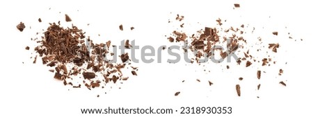 grated chocolate isolated on white background. Top view