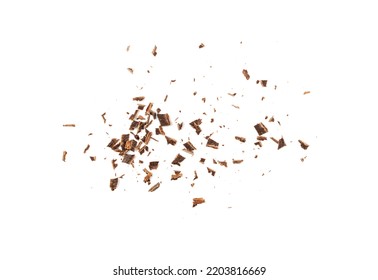 Grated chocolate pile isolated. Crushed chocolate shavings, crumbs, scattered flakes, cocoa sprinkles for desserts decoration on white background