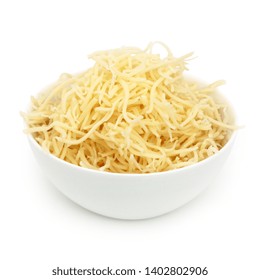 Grated Gruyere Or Grated Emmental Cheese In A Cup Isolated On White