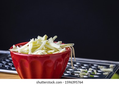 Grated Monterrey Jack Cheese In Red Ceramic Bowl. 