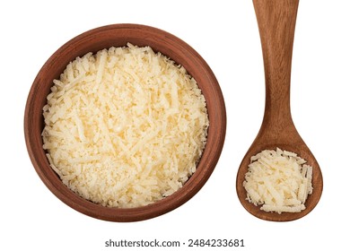 grated parmesan cheese in ceramic bowl and wooden spoon isolated on white background. Top view. Flat lay - Powered by Shutterstock