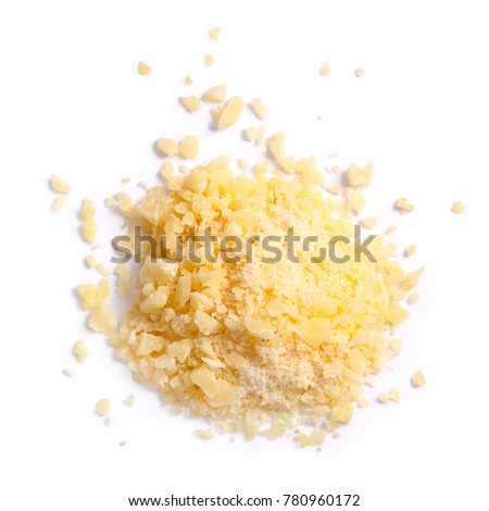 Grated Parmesan cheese (Parmigiano, Grana), pile of, top view. Clipping paths, shadows separated. 