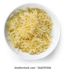 Grated Parmesan Cheese In Small Bowl, Isolated On White.  Top View.