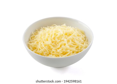 Grated Parmesan Cheese In White Bowl On White Background.