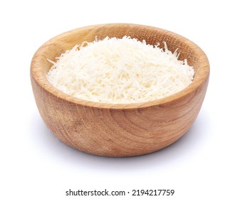 grated Parmesan cheese in wooden bowl isolated on white background - Shutterstock ID 2194217759