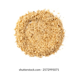 Grated wallnut , broken roasted walnuts powder, heap of chopped nuts crumbs, whole kernel pieces, fractions, powder top view on white background
