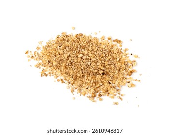 Grated wallnut , broken roasted walnuts powder, heap of chopped nuts crumbs, whole kernel pieces, fractions, powder top view on white background