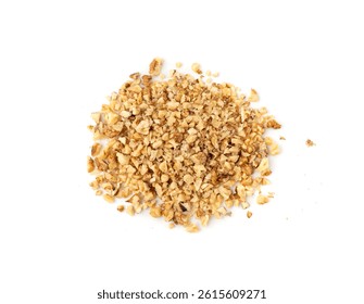 Grated wallnut , broken roasted walnuts powder, heap of chopped nuts crumbs, whole kernel pieces, fractions, powder side view on white background