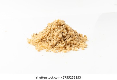 Grated wallnut , broken roasted walnuts powder, heap of chopped nuts crumbs, whole kernel pieces, fractions, powder top view on white background
