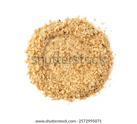 Grated wallnut , broken roasted walnuts powder, heap of chopped nuts crumbs, whole kernel pieces, fractions, powder top view on white background