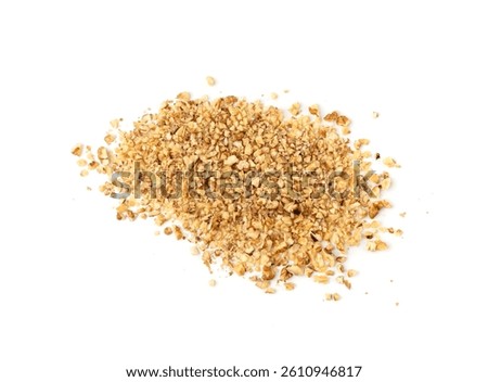 Grated wallnut , broken roasted walnuts powder, heap of chopped nuts crumbs, whole kernel pieces, fractions, powder top view on white background