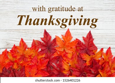 With Gratitude At Thanksgiving Greeting With Red And Orange Fall Leaves On Weathered Whitewash Wood Textured