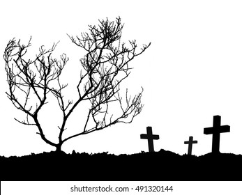 grave  silhouette three cross   bare dead tree in cemetery isolated white background  black   white flat graphic illustration for halloween party poster element