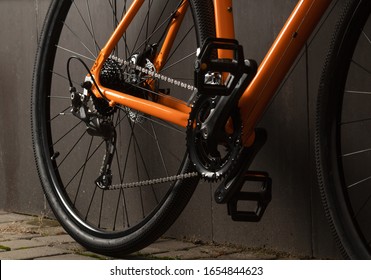 Gravel Bicycle. Close Up Transmission Of Gravel Bicycle For Offroad Cycling On Grey Background.