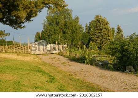 Gravel path with typical Norwegian gate, fence and trees in the province of Innlandet at Mjøsa in Norway on the St. Olavsweg, Gudbrandsdalsleden. The pilgrimage route runs from Oslo to Trondheim