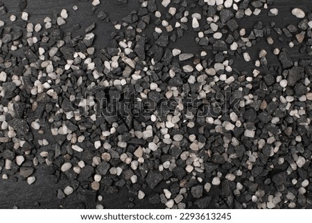 Gravel Pieces Mix Texture Background, Grey Coarse Sand Pattern, Granular Stones Mockup, Grit Sand, Decorative Rocks Texture on Black Background Top View with Copy Space