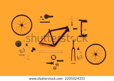 Gravel or road bicycle zenithal divided into its components. 10 gear microshift, single chainring, carbon fiber fork [[stock_photo]] © 