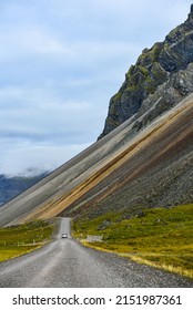 A Gravel Road At The Foot Of The Big Scree Slopes Of Mount Vestrahorn, Stokksnes, Southeast Iceland