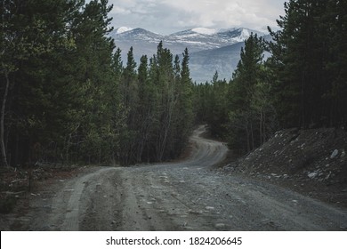 Gravel road through forest and mountains 