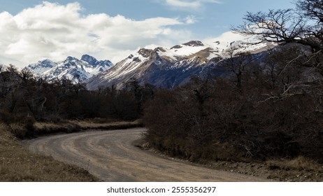 A gravel road winds through bare trees toward snow-capped mountains under a cloudy sky, capturing the rugged beauty of Patagonia - Powered by Shutterstock