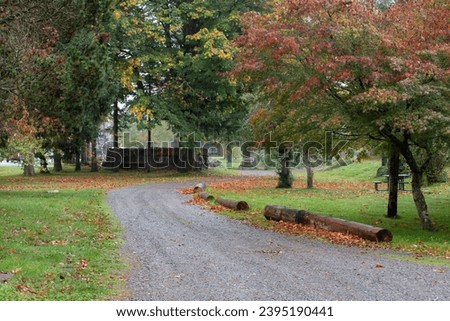Gravel road winds through roadside park on a rainy fall day in Gold Bar Washington State