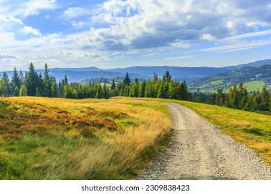 A gravel road with a yellow tourist trail running through the Cienków mountain ridge rising above the tourist town of Wisła in the Silesian Beskids (Poland) on a sunny autumn afternoon.
